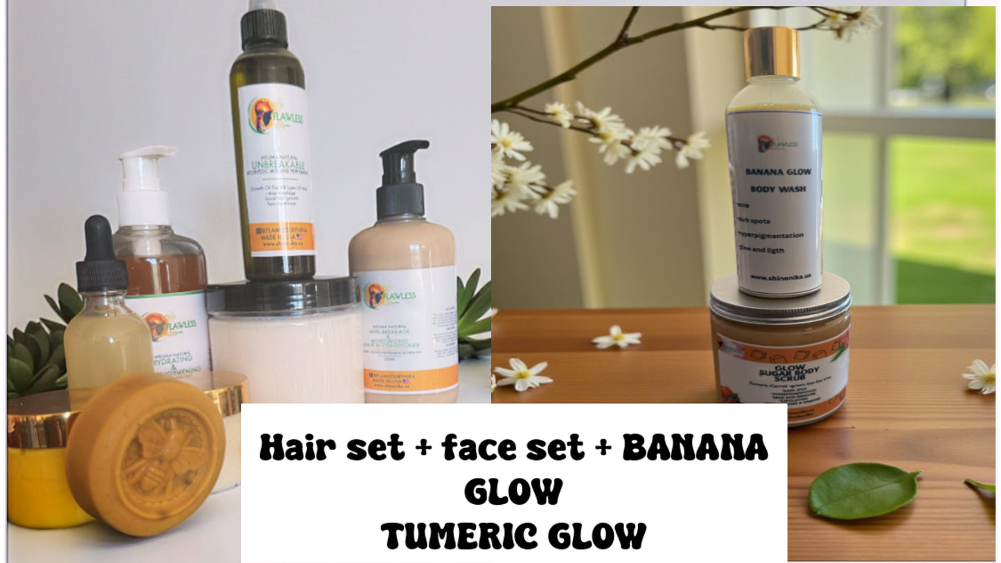 HAIR SET+ FACE SET + BANANA GLOW BODY WASH  & TUMERIC GLOW BODY SCRUB